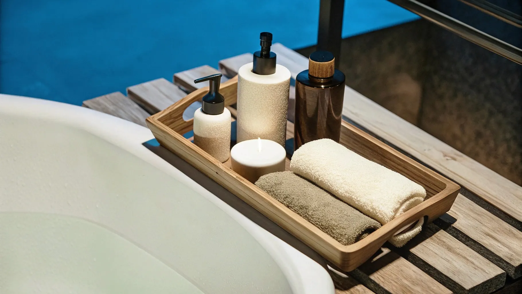 flat lay shot of spa amenities by the bathtub